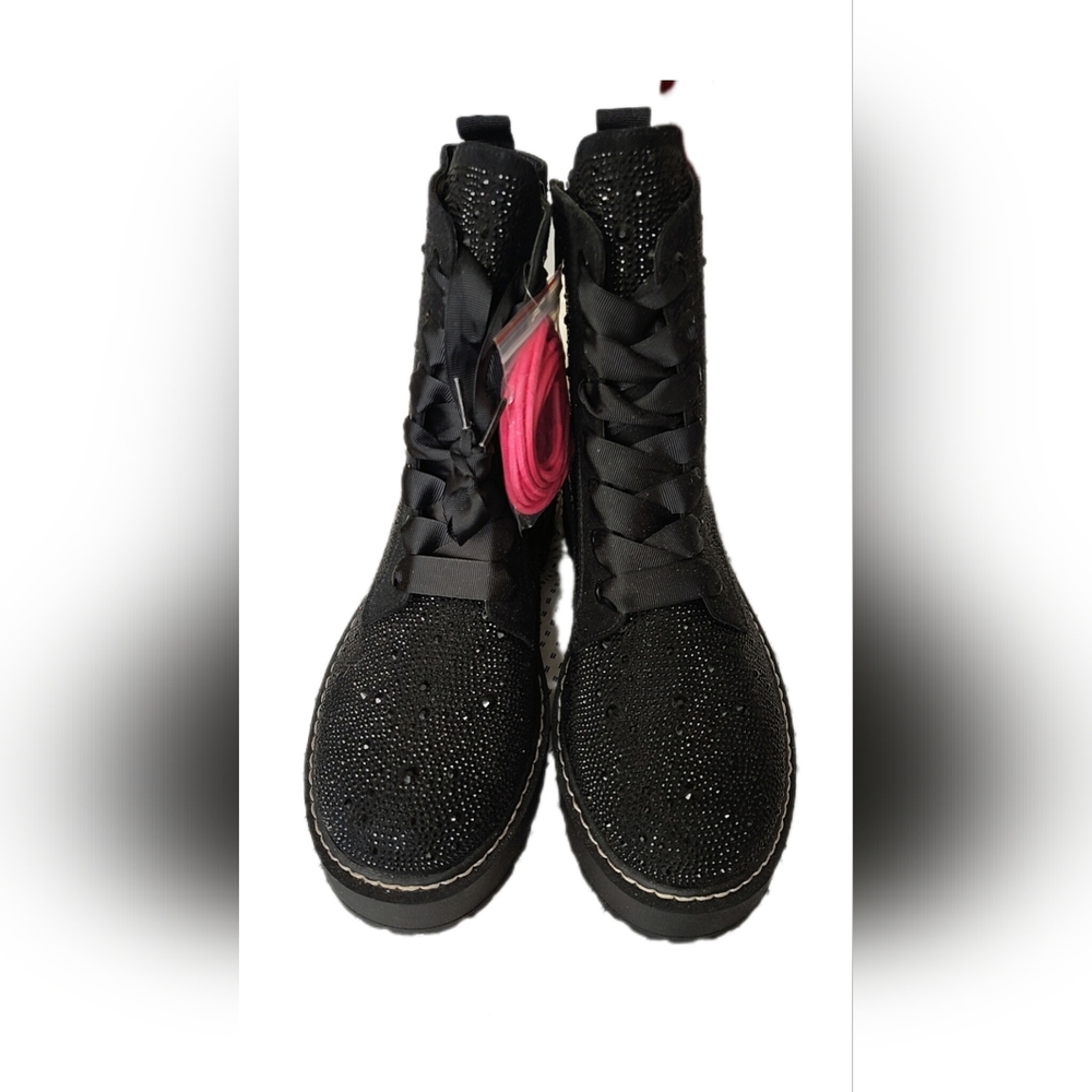 Torrid 11 WW Black Embellished Rhinestone Sparkle Combat Boots New/w Pink Laces